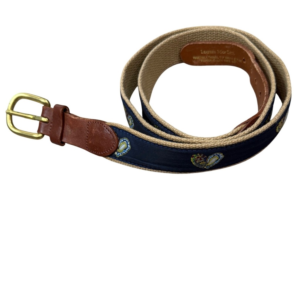 Leather Man Ltd Navy Blue Oyster Shell Embroidered Surcingle Belt Brass Buckle
